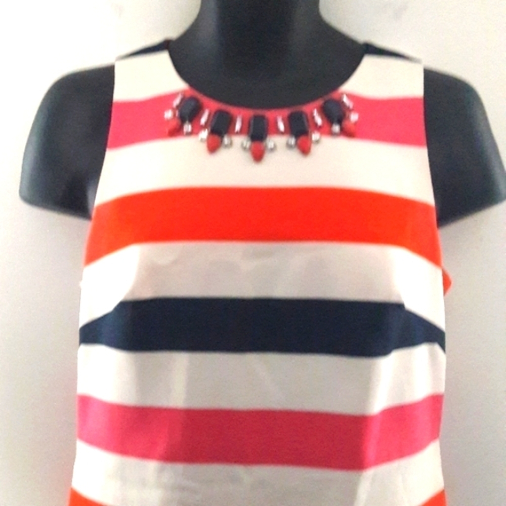 Vince Camuto Striped Dress w/ Bejeweled Neckline, Size 8